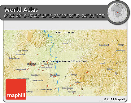 Physical 3D Map of the Area around 6° 7' 16" S, 23° 52' 30" E