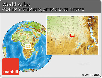 Physical Location Map of the Area around 6° 7' 16" S, 24° 43' 30" E