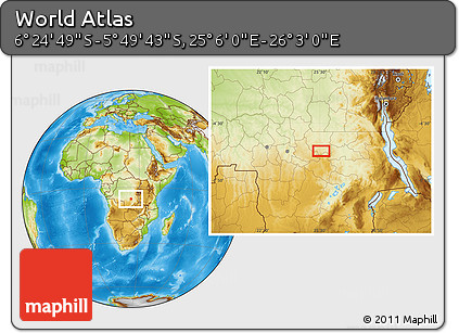 Physical Location Map of the Area around 6° 7' 16" S, 25° 34' 30" E