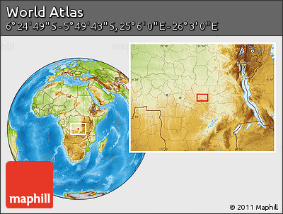 Physical Location Map of the Area around 6° 7' 16" S, 25° 34' 30" E