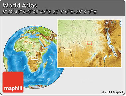 Physical Location Map of the Area around 6° 7' 16" S, 25° 34' 30" E