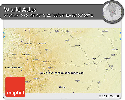 Physical 3D Map of the Area around 6° 7' 16" S, 26° 25' 29" E