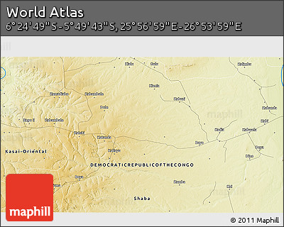 Physical 3D Map of the Area around 6° 7' 16" S, 26° 25' 29" E