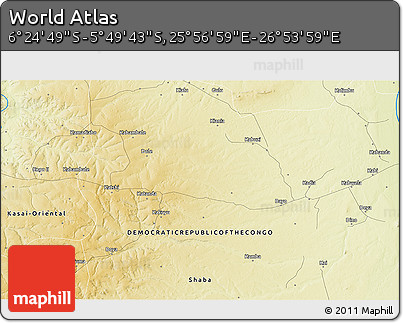 Physical 3D Map of the Area around 6° 7' 16" S, 26° 25' 29" E