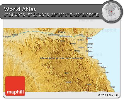 Physical 3D Map of the Area around 6° 7' 16" S, 28° 58' 30" E