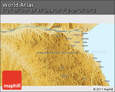 Physical 3D Map of the Area around 6° 7' 16" S, 28° 58' 30" E