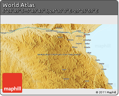 Physical 3D Map of the Area around 6° 7' 16" S, 28° 58' 30" E