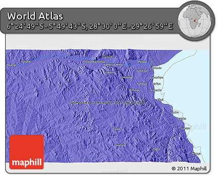Political 3D Map of the Area around 6° 7' 16" S, 28° 58' 30" E