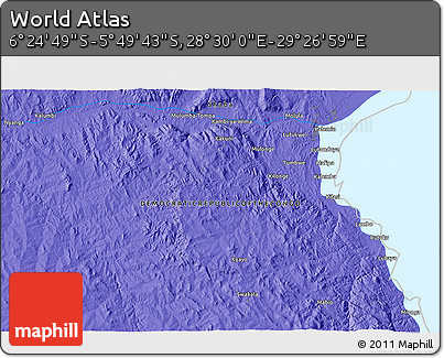 Political 3D Map of the Area around 6° 7' 16" S, 28° 58' 30" E
