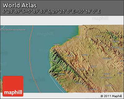 Satellite 3D Map of the Area around 6° 7' 16" S, 29° 49' 30" E