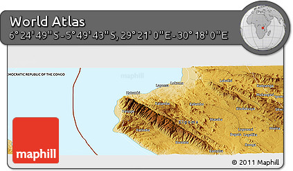 Physical Panoramic Map of the Area around 6° 7' 16" S, 29° 49' 30" E