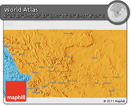 Political 3D Map of the Area around 6° 7' 16" S, 30° 40' 29" E
