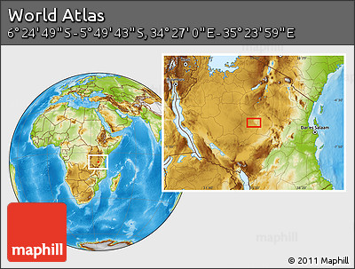Physical Location Map of the Area around 6° 7' 16" S, 34° 55' 29" E