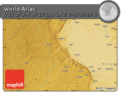 Physical Map of the Area around 6° 7' 16" S, 34° 55' 29" E