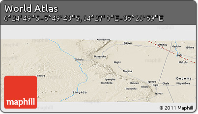 Shaded Relief Panoramic Map of the Area around 6° 7' 16" S, 34° 55' 29" E