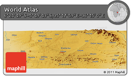 Physical Panoramic Map of the Area around 6° 7' 16" S, 35° 46' 29" E