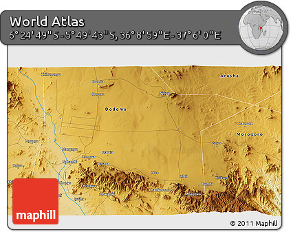 Physical 3D Map of the Area around 6° 7' 16" S, 36° 37' 30" E