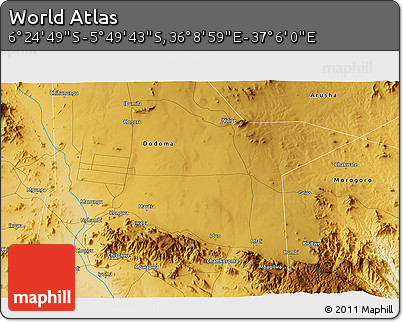 Physical 3D Map of the Area around 6° 7' 16" S, 36° 37' 30" E