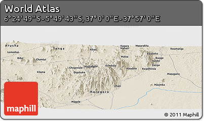 Shaded Relief Panoramic Map of the Area around 6° 7' 16" S, 37° 28' 30" E