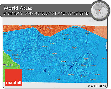 Political 3D Map of the Area around 6° 7' 16" S, 38° 19' 30" E