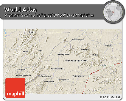 Shaded Relief 3D Map of the Area around 6° 7' 16" S, 38° 10' 29" W