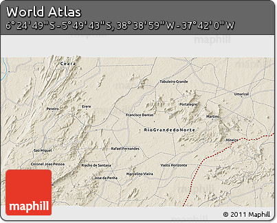 Shaded Relief 3D Map of the Area around 6° 7' 16" S, 38° 10' 29" W