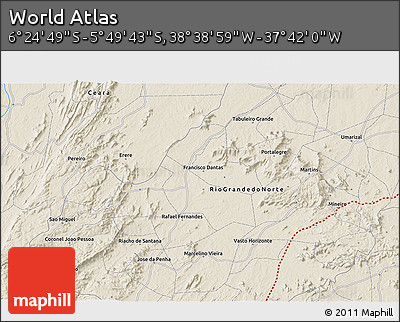 Shaded Relief 3D Map of the Area around 6° 7' 16" S, 38° 10' 29" W