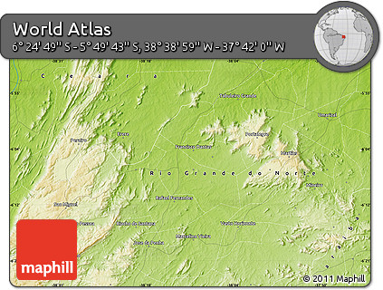 Physical Map of the Area around 6° 7' 16" S, 38° 10' 29" W