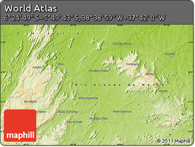 Physical Map of the Area around 6° 7' 16" S, 38° 10' 29" W