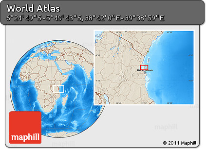Shaded Relief Location Map of the Area around 6° 7' 16" S, 39° 10' 29" E