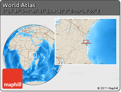 Shaded Relief Location Map of the Area around 6° 7' 16" S, 39° 10' 29" E