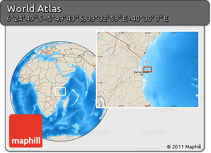 Shaded Relief Location Map of the Area around 6° 7' 16" S, 40° 1' 29" E
