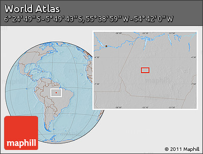 Gray Location Map of the Area around 6° 7' 16" S, 55° 10' 29" W, hill shading