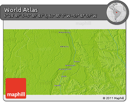 Physical 3D Map of the Area around 6° 7' 16" S, 60° 16' 29" W