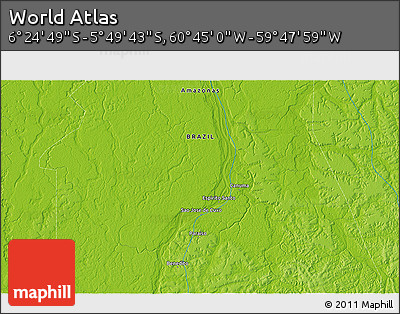 Physical 3D Map of the Area around 6° 7' 16" S, 60° 16' 29" W