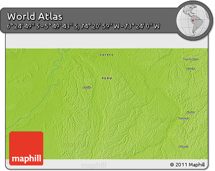 Physical 3D Map of the Area around 6° 7' 16" S, 73° 52' 30" W