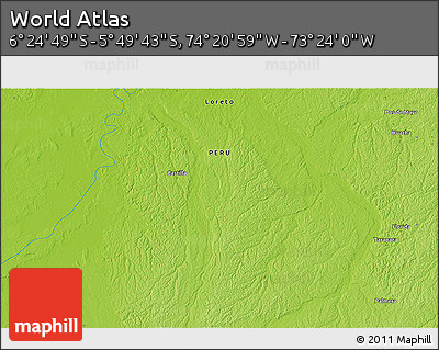 Physical 3D Map of the Area around 6° 7' 16" S, 73° 52' 30" W