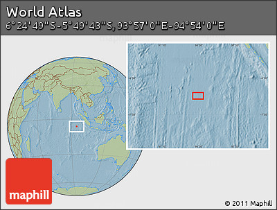 Savanna Style Location Map of the Area around 6° 7' 16" S, 94° 25' 30" E, hill shading