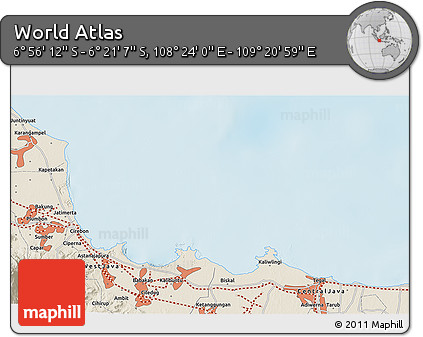 Shaded Relief 3D Map of the Area around 6° 38' 39" S, 108° 52' 30" E