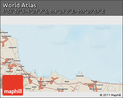 Shaded Relief 3D Map of the Area around 6° 38' 39" S, 108° 52' 30" E