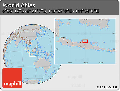 Gray Location Map of the Area around 6° 38' 39" S, 111° 25' 30" E