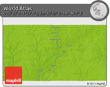Physical 3D Map of the Area around 6° 38' 39" S, 140° 19' 29" E