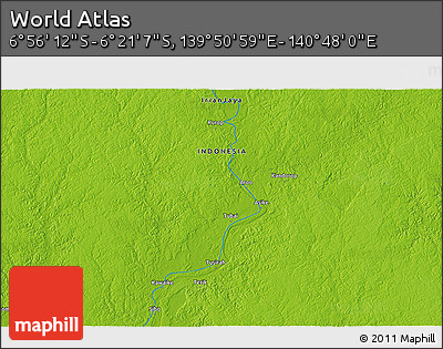Physical 3D Map of the Area around 6° 38' 39" S, 140° 19' 29" E
