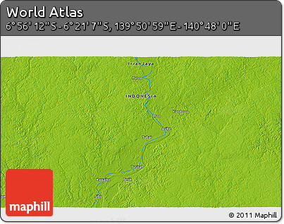 Physical 3D Map of the Area around 6° 38' 39" S, 140° 19' 29" E
