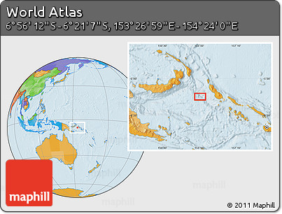 Political Location Map of the Area around 6° 38' 39" S, 153° 55' 30" E