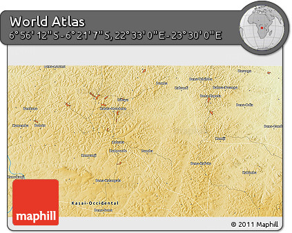 Physical 3D Map of the Area around 6° 38' 39" S, 23° 1' 29" E