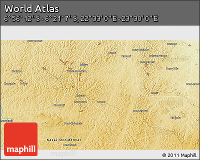 Physical 3D Map of the Area around 6° 38' 39" S, 23° 1' 29" E