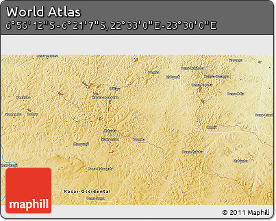 Physical 3D Map of the Area around 6° 38' 39" S, 23° 1' 29" E