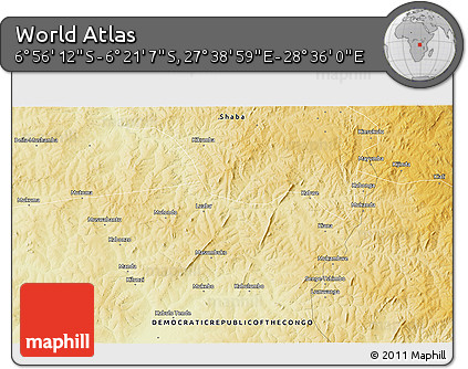 Physical 3D Map of the Area around 6° 38' 39" S, 28° 7' 30" E