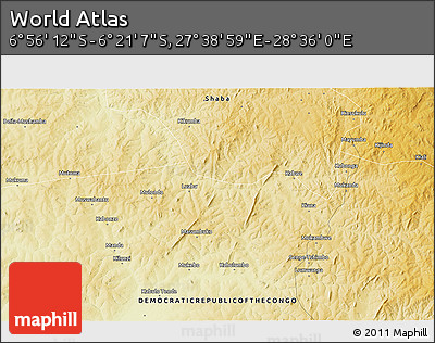 Physical 3D Map of the Area around 6° 38' 39" S, 28° 7' 30" E